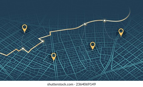 Isometric. La ruta marcada en el mapa hasta el punto designado. Vista desde arriba de los edificios del mapa. Vista superior de la ciudad. Edificios residenciales de barrio. Un diseño simple y bonito. Vector de fondo abstracto