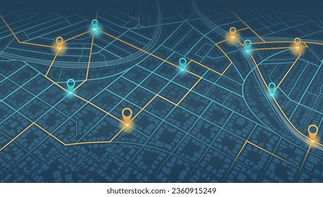 Isometrisch. Der Weg von einem Punkt zum angestrebten Ziel, viele Ziele, Schilder. Hauptstraße auf der Karte. Navigations-Kartierungstechnologie zur Erfassung von Daten über Entfernung und Wendungen des Weges. Vektorgrafik