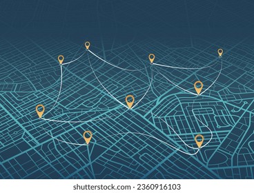 Isometric. The path from a point to the intended goal, many destinations, signs. main road throughout map. Navigation mapping technology for obtaining data on distance and turns of the path. Vector