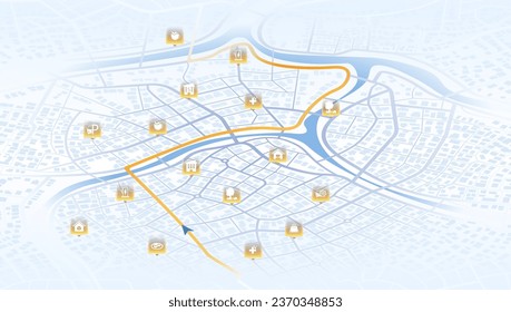 Isometric. The path from a point to the intended goal, many destinations, signs. main road throughout map. Navigation mapping technology for obtaining data on distance and turns of the path. Vector