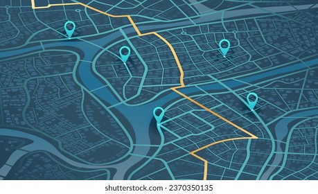 Isometric. The path from a point to the intended goal, many destinations, signs. main road throughout map. Navigation mapping technology for obtaining data on distance and turns of the path. Vector