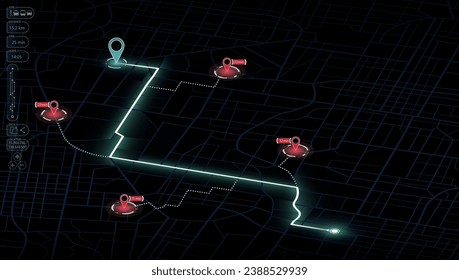 Isometric. The path from a point to the intended goal, many destinations, signs. main road throughout map. Navigation mapping technology for obtaining data on distance and turns of the path. Vector