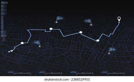 Isometric. The path from a point to the intended goal, many destinations, signs. main road throughout map. Navigation mapping technology for obtaining data on distance and turns of the path. Vector