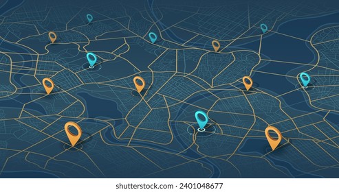 Isometrisch. Der Weg von Punkt zu Ziel, viele Ziele, Schilder. Navigations-Kartierungstechnologie zur Erfassung von Daten über Distanz, Kurven des Weges. Bearbeitbare Vektorgrafik isometrisch