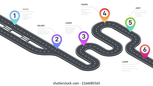 Isometric pathway infographic. Road map with checkpoints and milestones timeline graphic template, business option step process. Vector illustration. Curved route path with numbers for info