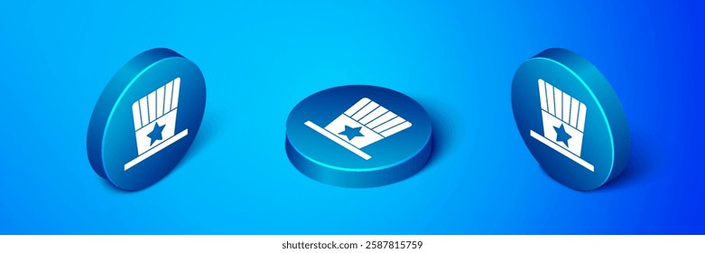 Isometric Patriotic American top hat icon isolated on blue background. Uncle Sam hat. American hat independence day. Blue circle button. Vector