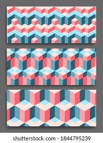 Tapas de patrones isométricos. Diseño moderno. Tonos alegres. Aplicable a Banners, Cartas, Carteles, Volantes. tonos pastel azules y rojos combinan a la perfección. Plantilla vectorial Eps10.