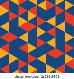 Isometric pattern in flat design style featuring geometric shapes like cubes, triangles, and hexagons. Uses bold primary colors—red, yellow, and blue. Perfect for backgrounds design elements.