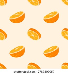 Isometric pattern of orange fruit slices, 3D flat style background. Fruity summer background. Juicy orange slices on beige background for textiles or packaging.