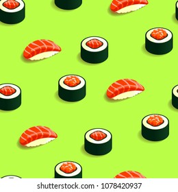 Isometric pattern sushi and rolls. Vector Japanese food. 