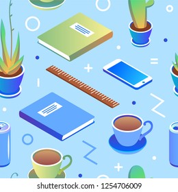 Isometric pattern with textbooks, books, cactus, rulers, cups of tea and soda
