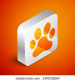 Isometric Paw print icon isolated on orange background. Dog or cat paw print. Animal track. Silver square button. Vector Illustration