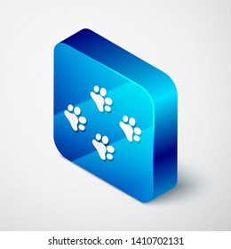 Isometric Paw print icon isolated on white background. Dog or cat paw print. Animal track. Blue square button. Vector Illustration