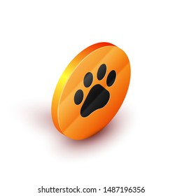 Isometric Paw print icon isolated on white background. Dog or cat paw print. Animal track. Orange circle button. Vector Illustration