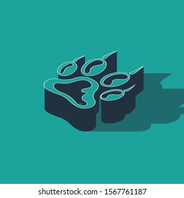Isometric Paw print icon isolated on green background. Dog or cat paw print. Animal track.  Vector Illustration