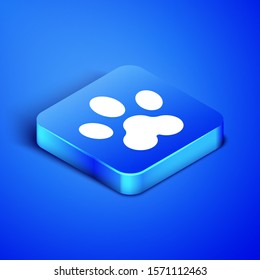 Isometric Paw print icon isolated on blue background. Dog or cat paw print. Animal track. Blue square button. Vector Illustration