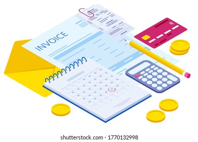Isometric pay bills online concept. Modern technology and online transaction. Online Card Payment. Money transfer