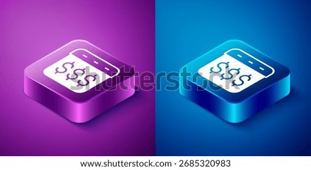 Isometric Payday, calendar with dollar icon isolated on blue and purple background. Square button. Vector