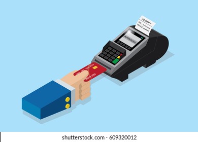 isometric payment by credit card with pos terminal, EDC technology business concept