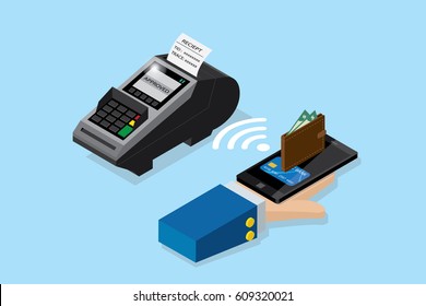 Isometric Payment By Smartphone With Pos Terminal, NFC Technology And Business Concept