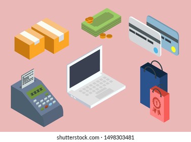 Isometric payment concept isolated vector illustration. POS device, online banking and shopping, e-commerce. online payment service set