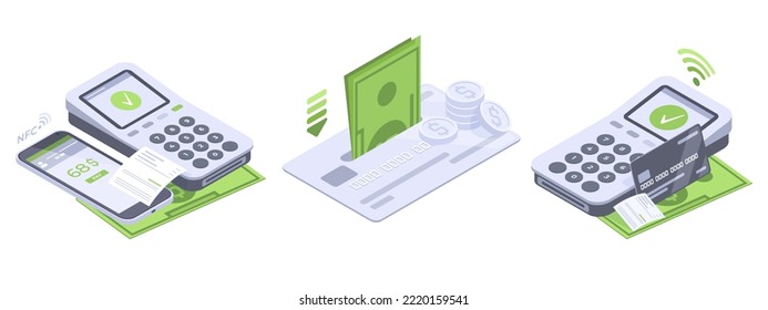 Isometric payment, smartphone and credit card. Mobile banking transaction, payment terminal online contactless payment flat vector symbols illustration set. Contactless payment scenes