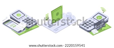 Isometric payment, smartphone and credit card. Mobile banking transaction, payment terminal online contactless payment flat vector symbols illustration set. Contactless payment scenes