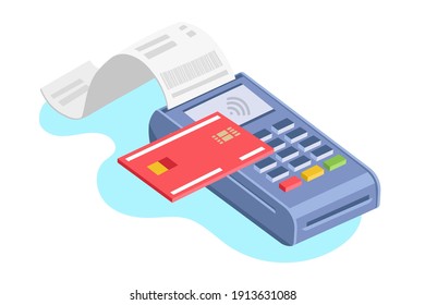 Isometric payment terminal. Payment Approved, Money transfer. Online payments, business finance pay, money transaction. Vector illustration.