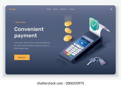 Isometric payment terminal, coins and key. Landing page template. 