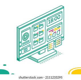 Isometric PC Computer Monoblock with Media Player, Folders and Two Stickers. Outline Monitor Isolated on White Background. Vector Illustration.