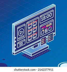 Isometric PC Computer Monoblock with Media Player, Folders and Two Stickers. Outline Monitor on Blue Background. Vector Illustration.
