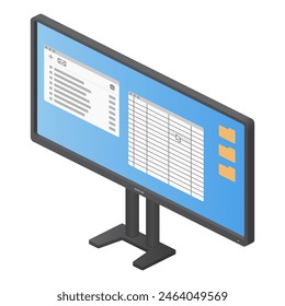 isometric pc monitor tv screen office sheets on white background vector flat illustration