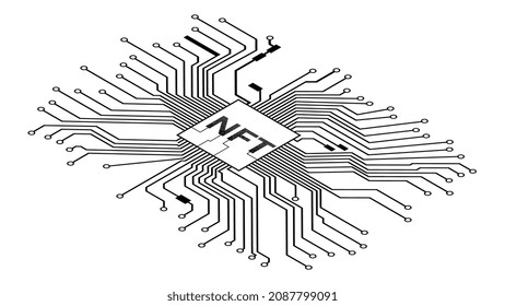 Isometric PCB tracks with NFT non fungible token in center isolated on white. Website design element. Vector illustration.