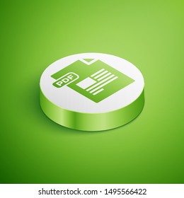 Isometric PDF file document. Download pdf button icon isolated on green background. PDF file symbol. White circle button. Vector Illustration