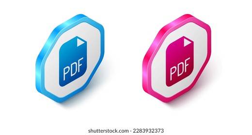 Isometric PDF file document. Download pdf button icon isolated on white background. PDF file symbol. Hexagon button. Vector