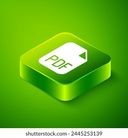 Isometric PDF file document. Download pdf button icon isolated on green background. PDF file symbol. Green square button. Vector