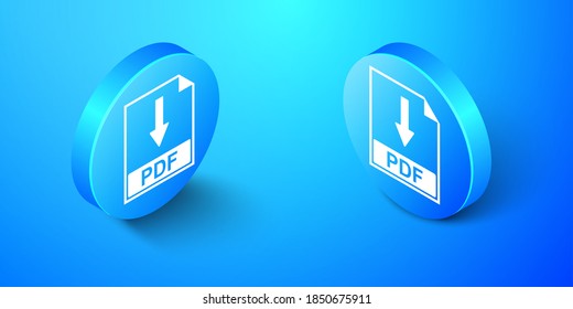 Isometrisches PDF-Dokument-Symbol einzeln auf blauem Hintergrund. PDF-Button-Zeichen herunterladen. Blauer Kreis-Knopf. Vektorgrafik.