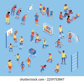 Isometric pe lesson color set with isolated characters of children sport icons and athletic ground appliances vector illustration