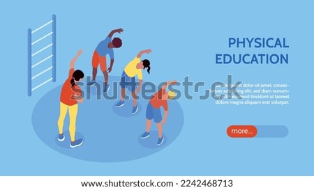 Isometric pe lesson horizontal banner with view of people doing exercises editable text and more button vector illustration