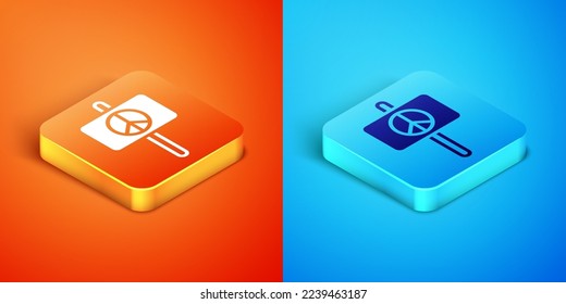 Isometric Peace icon isolated on orange and blue background. Hippie symbol of peace.  Vector