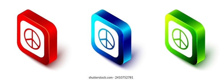 Isometric Peace icon isolated on white background. Hippie symbol of peace. Red, blue and green square button. Vector