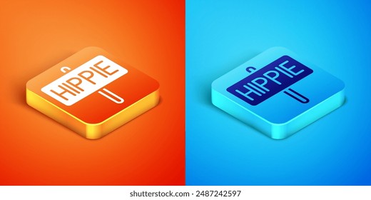 Isometric Peace icon isolated on orange and blue background. Hippie symbol of peace.  Vector