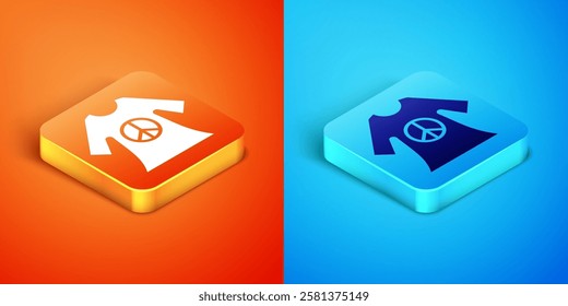 Isometric Peace symbol dress print stamp icon isolated on orange and blue background.  Vector