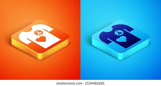 Isometric Peace symbol t-shirt print stamp icon isolated on orange and blue background.  Vector