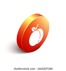 Isometric Peach fruit or nectarine with leaf icon isolated on white background. Orange circle button. Vector Illustration