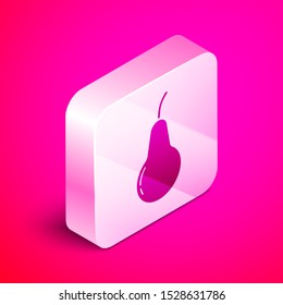 Isometric Pear icon isolated on pink background. Fruit with leaf symbol. Silver square button. Vector Illustration