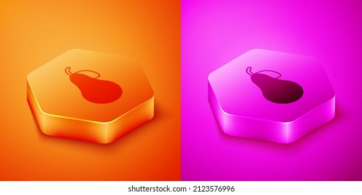 Isometric Pear icon isolated on orange and pink background. Fruit with leaf symbol. Hexagon button. Vector