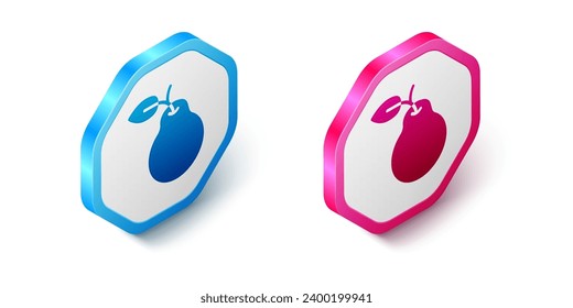 Isometric Pear icono aislado en fondo blanco. Fruta con símbolo de hoja. Botón hexagonal. Vector