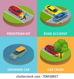 Isometric pedestrian hit, road accident, drowned car and car crash concept. Car crash template vector flat style. Used for workflow layout, game, diagram, number options, web design and infographics
