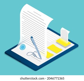 Isometric Pen Digitally Writes Signature On Contract By Tablet Screen. Using Digital Sign For Electronic Documents. Realistic 3D Vector Isolated On Background